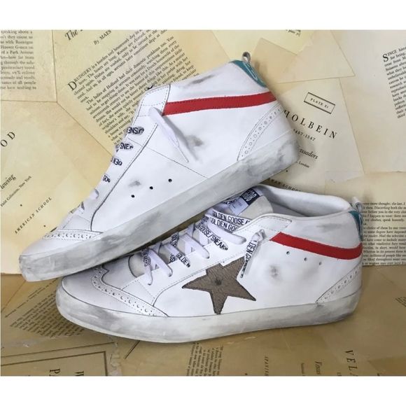 Golden Goose Mid Star White Leather Khaki Star Blue Red Logo Lace - Picture 4 of 9
